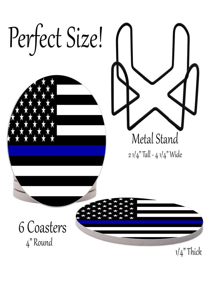 DAJDC Thin Blue Line Police Officers Round Coasters Set of 6 - Abosrbent Ceramic with Metal Stand for Drinks, Coffee, Non-Slip Cork Back for Tabletop Protection, 4 Inches - Image 2